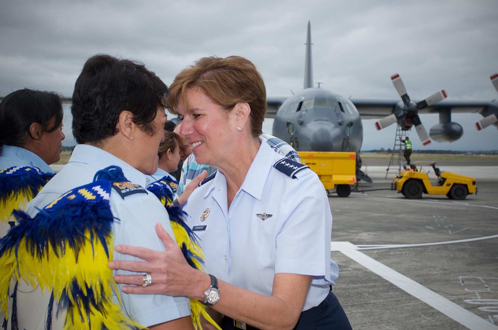 Gen. Lori Robinson, Pacific Air Forces commander, performs a traditional hongi greeting with Royal New Zealand Air Force service members upon her arrival at RNZAF Base Ohakea, New Zealand, March 4, 2016, where she gave remarks at the 75 Years of Women in Service celebration. The visit to RNZAF Base Ohakea was part of Robinson’s two-week visit to New Zealand and Australia, which served to improve relations with both nations and reaffirmed PACAF’s commitment to the rebalance in the Pacific. (Photo courtesy of RNZAF)