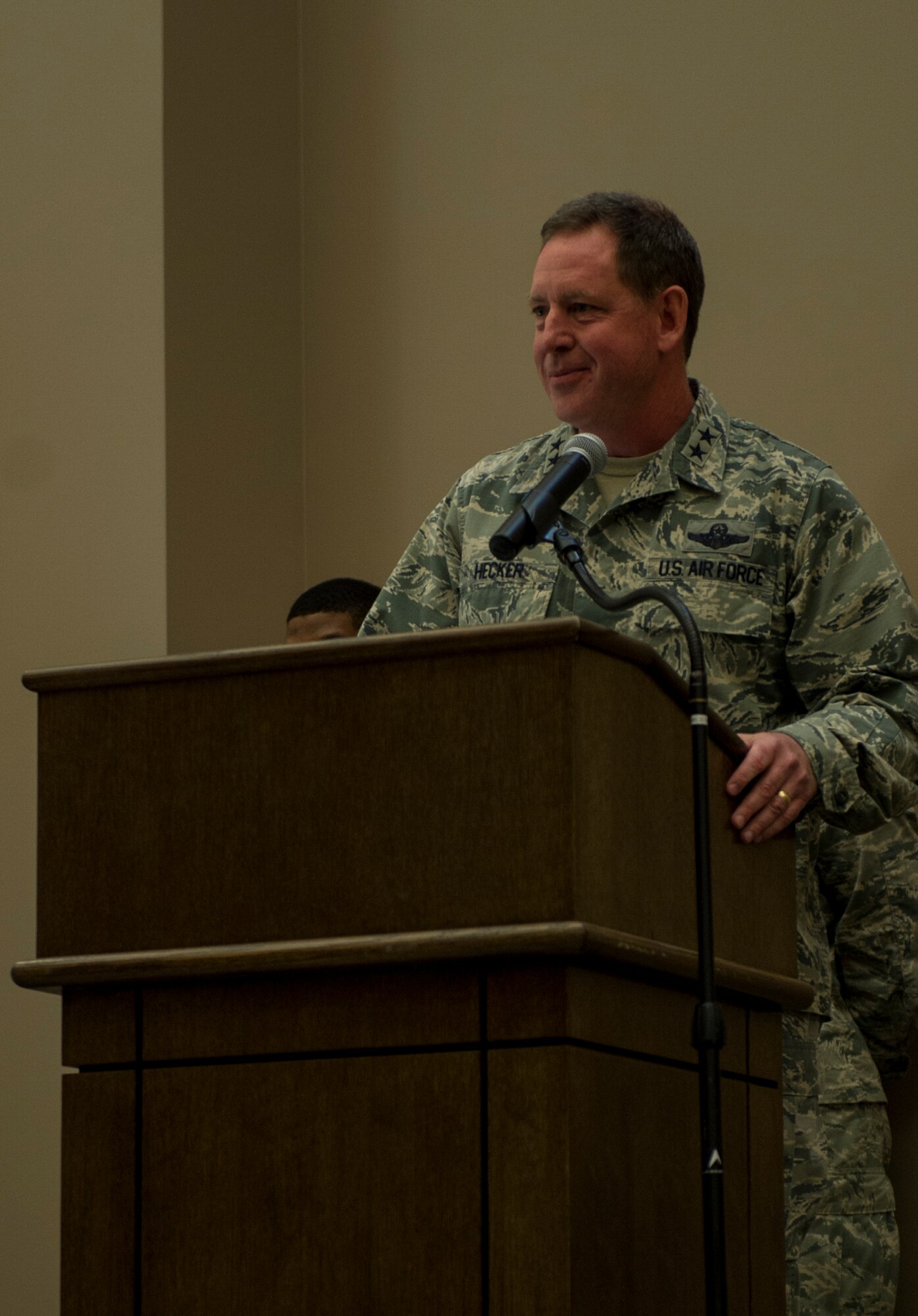 Maj. General Hecker, 19th Air Force commander, addresses the audience during the Airman’s Medal ceremony April 8, 2016, at Fairchild Air Force Base, Wash. The Airman’s Medal is awarded to a member of the Armed Forces of the United States or ally nation who, while serving with the United States Air Force, distinguished themselves by a heroic act usually at the voluntary risk of his or her life in a non-combat situation. (U.S. Air Force photo/Airman 1st Class Sean Campbell)