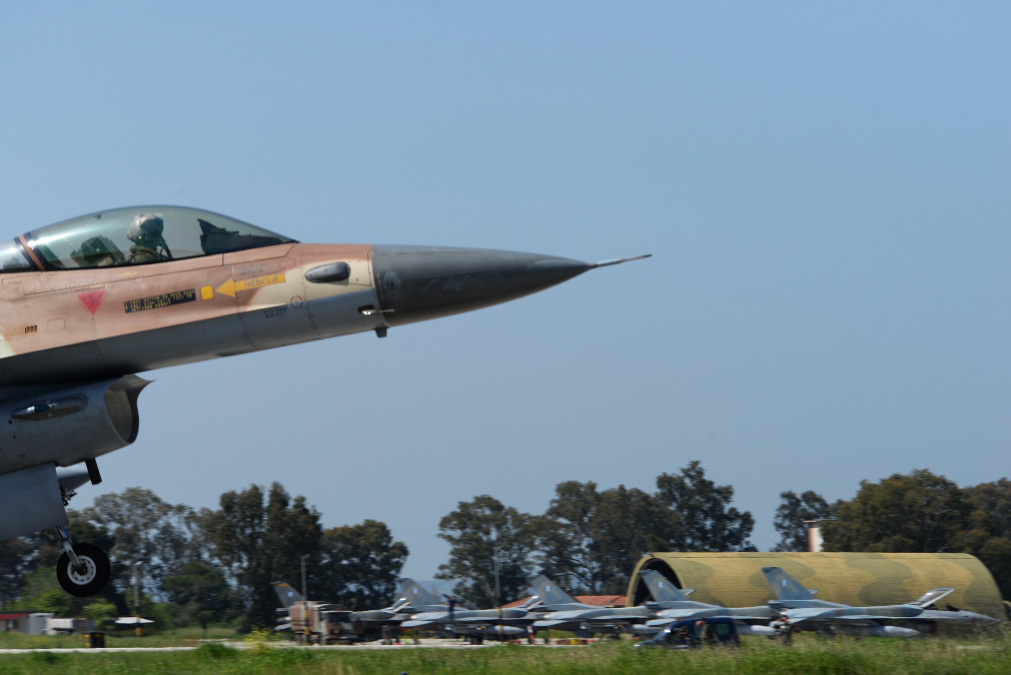 An Israeli air force F-16C Fighting Falcon touches down April 6, 2016, during exercise INIOHOS 16 at Andravida Air Base, Greece. The training event is hosted by the Hellenic air force and also includes members and aircraft of the U.S. Air Force. (U.S. Air Force photo by Tech. Sgt. Eric Burks/Released)