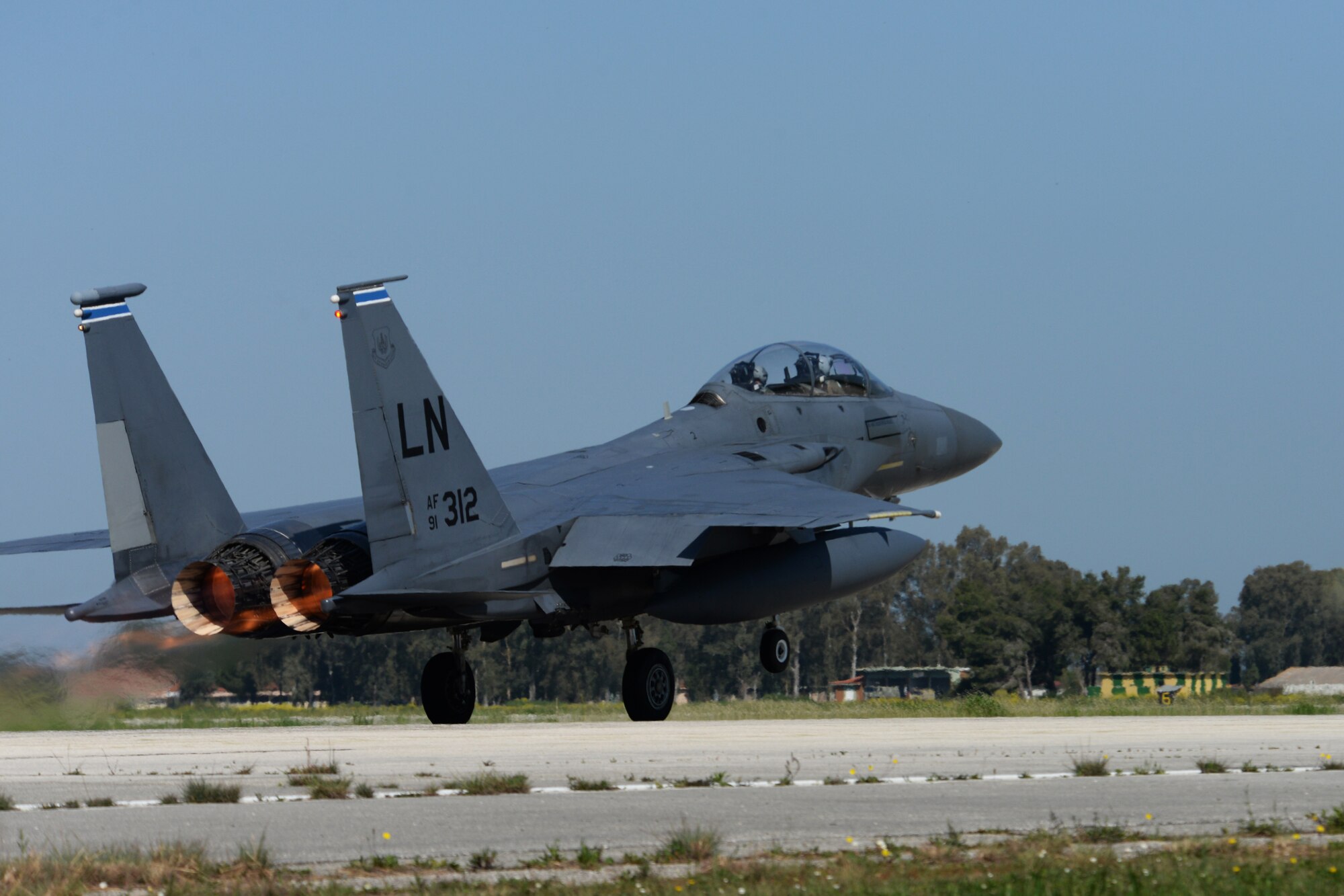 An F-15E Strike Eagle from the 492nd Fighter Squadron, Royal Air Force Lakenheath, England, takes off during exercise INIOHOS 16 at Andravida Air Base, Greece, April 6, 2016. Twelve F-15E aircraft and approximately 260 U.S. Air Force Airmen are participating in the training event that also includes air forces from Greece and Israel. (U.S. Air Force photo by Tech. Sgt. Eric Burks/Released)