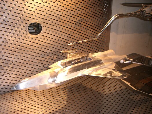 Separation testing of the ASRAAM, or AIM-132, was conducted in the 4-foot transonic aerodynamic wind tunnel at the AEDC Propulsion Wind Tunnel facility in 2008. Pictured is a test model of the F-35 with AIM-132 separating from the weapons bay. 