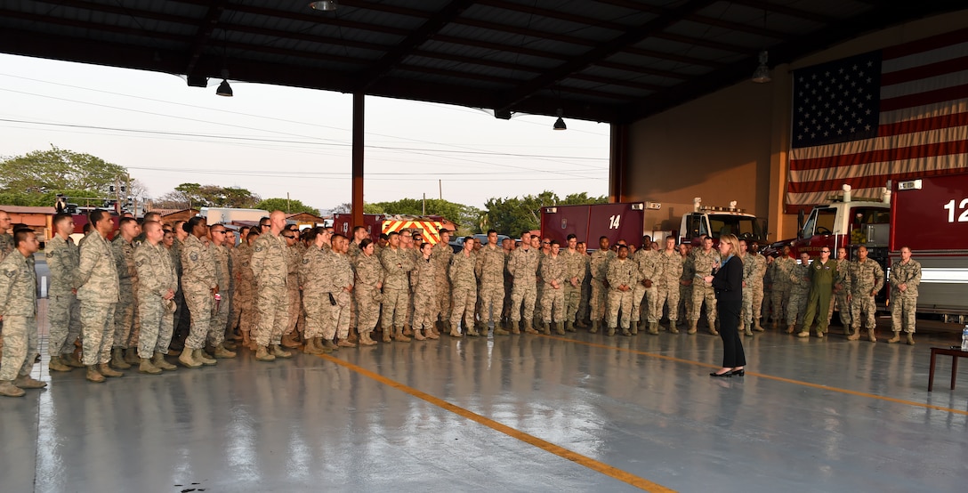 Secretary of the Air Force Deborah Lee James talks to Airmen stationed at Soto Cano Air Base, Honduras, Apr. 8, 2016, during a town hall meeting. During the discussion, James highlighted that even though the bulk of Department of Defense attention and resources are dedicated elsewhere, the Airmen supporting Southern Command still make the resources made available to them go a long way toward helping the U.S. and partner nations in the region. (U.S. Army photo by Martin Chahin/Released)