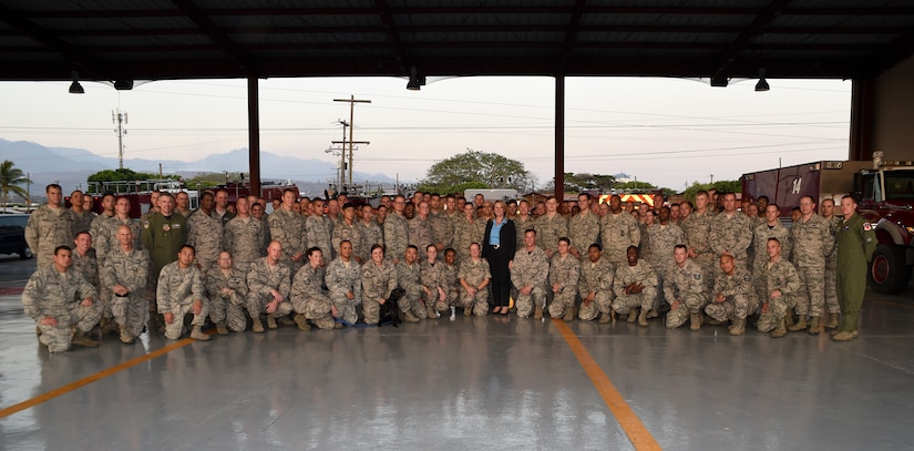 Secretary of the Air Force Deborah Lee James poses for a photo with Airmen stationed at Soto Cano Air Base, Honduras, Apr. 8, 2016. James visited the base to discuss her priorities in the Southern Command area of responsibility and discuss issues relevant to the force, including retirement, force size and structure, the budget and taking care of people. (U.S. Army photo by Martin Chahin/Released)