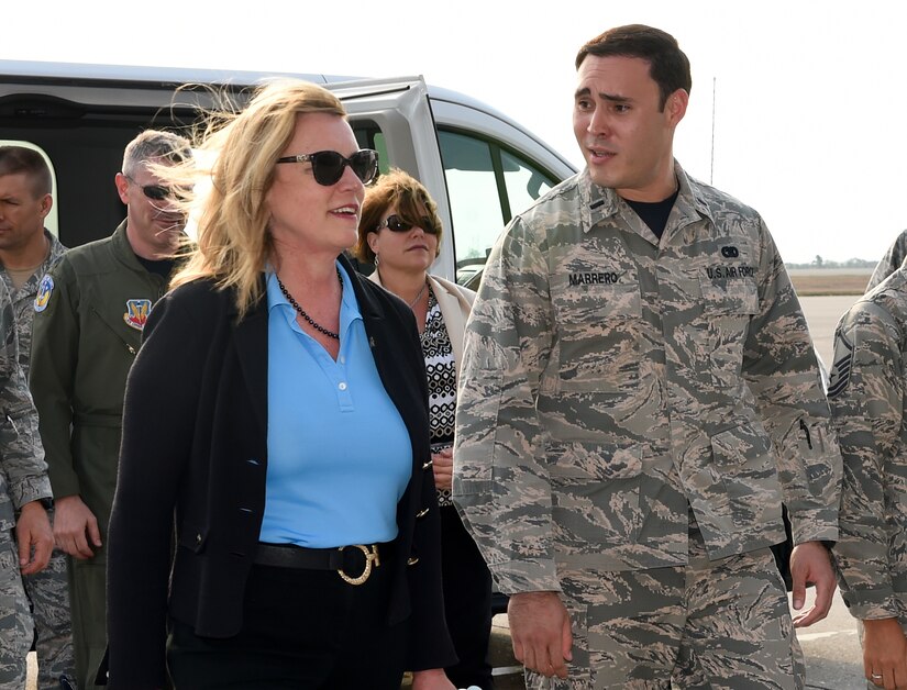 U.S. Air Force 1st Lt. Jose Marreo, 612th Air Base Squadron flight commander, discusses the support his flight provides the base with Secretary of the Air Force Deborah Lee James Apr. 8, 2016, at Soto Cano Air Base, Honduras. Marreo is a native of Puerto Rico and currently oversees the logistics flight, which provides support to transient aircraft, airfield logistics, vehicle maintenance, and fuel services. (U.S. Army photo by Martin Chahin/Released)