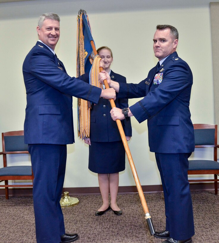 Lt. Col. Mike Metcalf assumes command of the 106th Air Refueling Squadron, April 9, 2016, in Birmingham, Ala. Metcalf transferred into the Air National Guard from active duty in 2004. (Air National Guard photo by Senior Airman Wes Jones/Released)