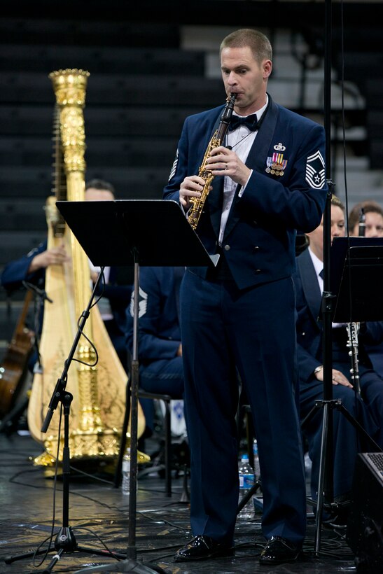 U.S. Air Force Master Sgt. J. Blake Arrington, a clarinetist with The United States Air Force Concert Band, performs a solo at Little Rock Central High School, in Little Rock, Ark., Apr. 7, 2016. The Concert Band and Singing Sergeants are the premier musical organization in the Air Force. (U.S. Air Force photo by Capt. Casey Staheli/Released)