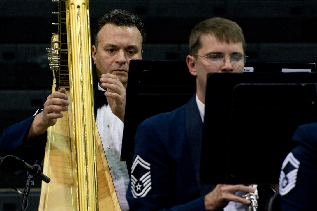 Retired U.S. Air Force Senior Master Sgt. Eric Sabatino, performs with The United States Air Force Concert Band, at Little Rock Central High School, in Little Rock, Ark., Apr. 7, 2016. The Concert Band and Singing Sergeants are performing across five states during a 12-day spring tour. (U.S. Air Force photo by Master Sgt. Jeff Walston/Released)