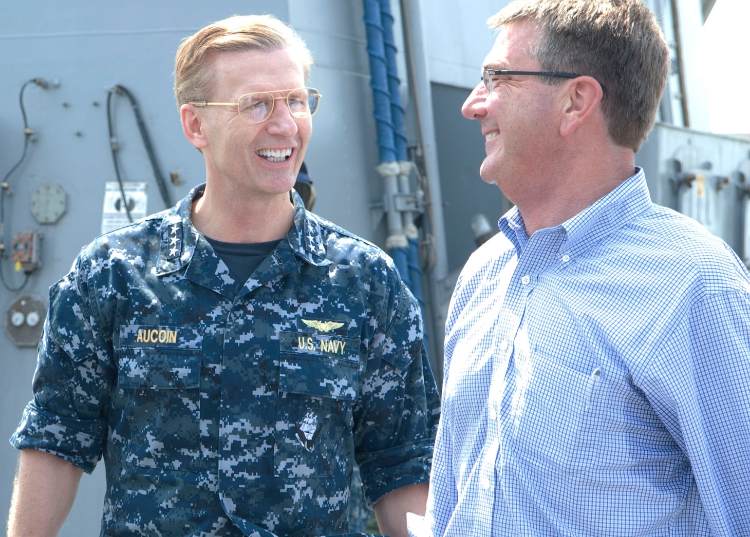 160411-N-IE405-099 GOA, India (April 11, 2016) Commander, U.S. 7th Fleet Vice Adm. Joseph Aucoin welcomes Secretary of Defense (SECDEF) Ashton Carter aboard USS Blue Ridge. Blue Ridge is currently on patrol in the Indo-Asia-Pacific area of operation to build partnerships for the security and stability of the region. (U.S. Navy photo by Mass Communication Specialist 2nd Class Indra Bosko/Released)