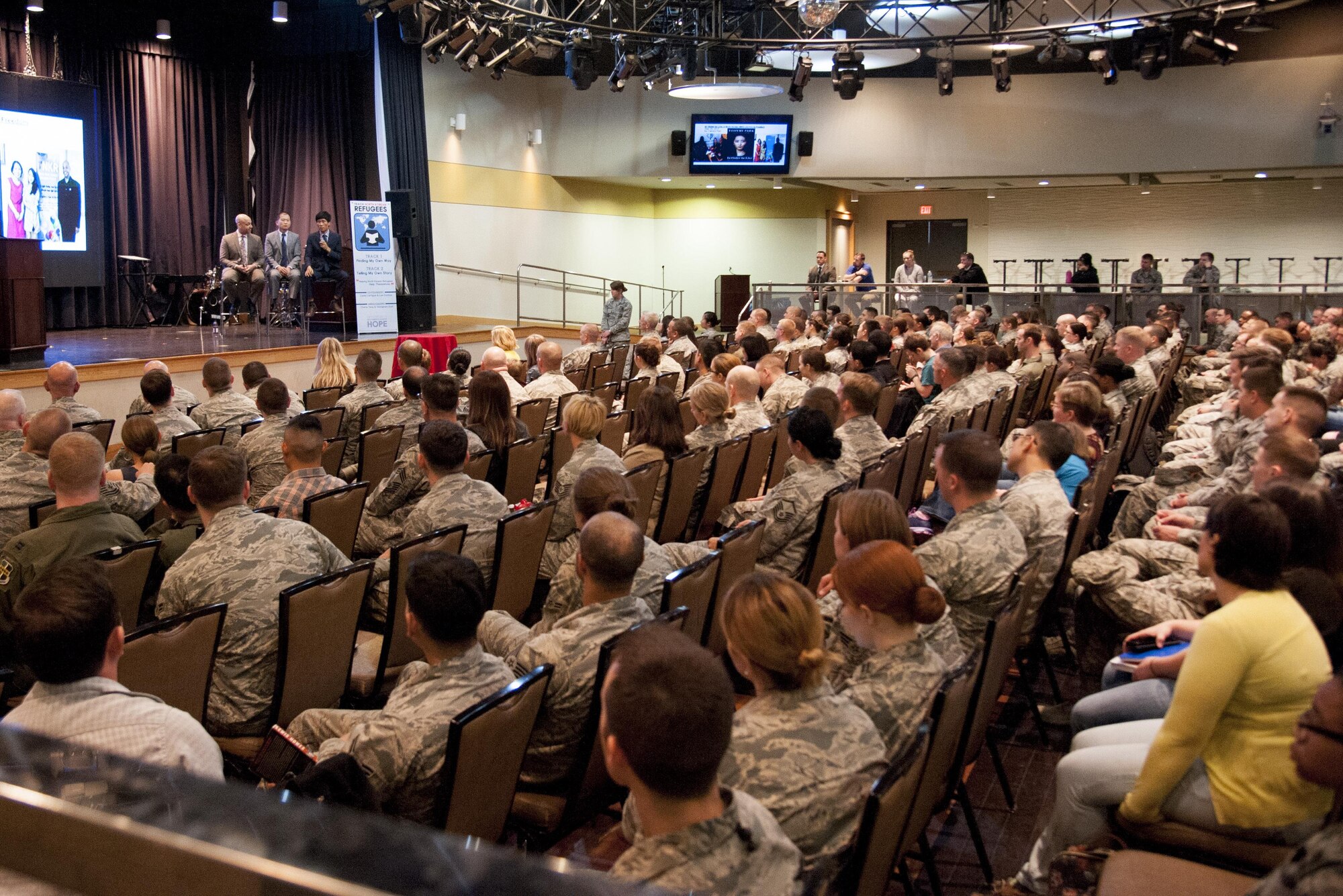 Speakers from Teach North Korea Refugees answer questions from escape of North Korea during an open forum March 6, 2016, at Osan Air Base, Republic of Korea. The TNKR is a program to teach English and allow North Korea defectors to tell their story. (U.S. Air Force photo by Staff Sgt. Jonathan Steffen)