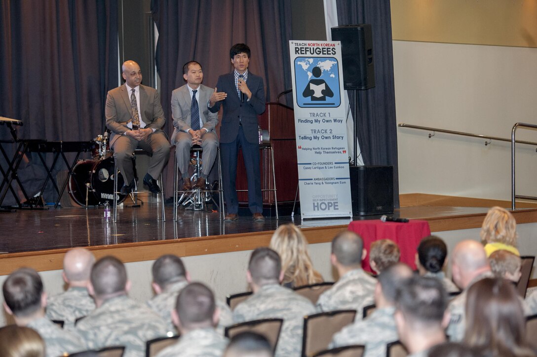 Ken Eom, a speaker from Teach North Korea Refugees, answers questions about his life in North Korea March 6, 2016, at Osan Air Base, Republic of Korea. The TNKR is a program to teach English and allow North Korea defectors to tell their story. (U.S. Air Force photo by Staff Sgt. Jonathan Steffen)