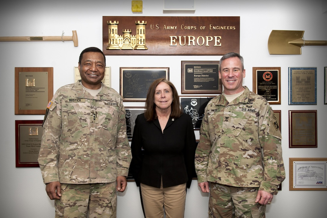 The Honorable Jo-Ellen Darcy, assistant secretary of the Army for civil works, and Lt. Gen. Thomas Bostick, USACE commanding general, visit U.S. Army Corps of Engineers Europe District April 4-7 in Wiesbaden, Germany. Darcy and Bostick engaged partners and employees, and visited project sites around Germany, including: a satellite communications center and separate project for Network Enterprise Technology Command, both at Landstuhl Army Heliport; a new combined U.S. military medical facility on Rhine Ordnance Barracks; a combined intelligence center at Clay Kaserne; and the new Wiesbaden High School project for Department of Defense Education Activity-Europe. 