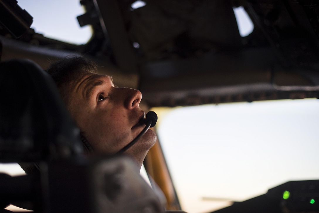 Air Force Capt. Casey Shotwell pilots a KC-135 Stratotanker over Iraq in support of Operation Inherent Resolve, April 5, 2016. Shotwell is a pilot deployed from the 384th Air Refueling Squadron, McConnell Air Force Base, Kan. Air Force photo by Staff Sgt. Corey Hook