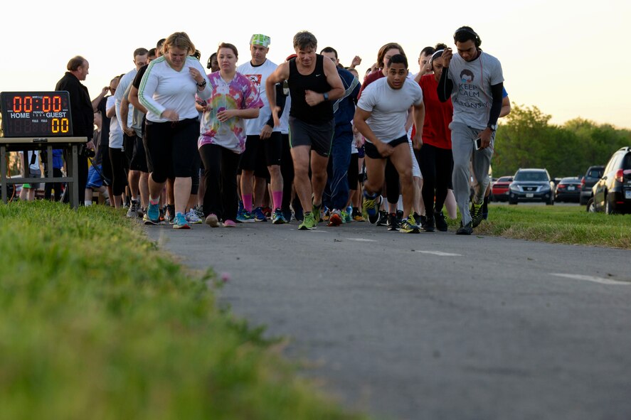 Team Barksdale members begin the Helping Agency 5K on Barksdale Air Force Base, La., April 8, 2016. The 5K was held to promote awareness for Air Force helping agencies and awareness campaigns. (U.S. Air Force photo/Senior Airman Jannelle Dickey)