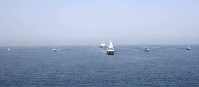 (April 11, 2016) Royal Navy ship HMS Defender and Royal Fleet Auxiliary ship RFA Cardigan Bay anchor a formation of coalition mine countermeasures and maritime security vessels at sea, operating in support of the International Mine Countermeasures Exercise (IMCMEX). IMCMEX includes navies from more than 30 countries spanning six continents training together across the Middle East. The exercise is focused on maritime security from mine countermeasures, maritime infrastructure protection and maritime security operations in support of civilian shipping.