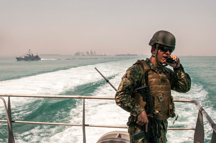 (April 10, 2016) Electronics Technician 3rd Class Taylor Orner, assigned to the USNS Choctaw County (T-EPF 2) keeps watch while underway during the International Mine Countermeasures Exercise (IMCMEX). IMCMEX includes navies from more than 30 countries spanning six continents training together across the Middle East. The exercise is focused on maritime security from mine countermeasures, maritime infrastructure protection and maritime security operations in support of civilian shipping.