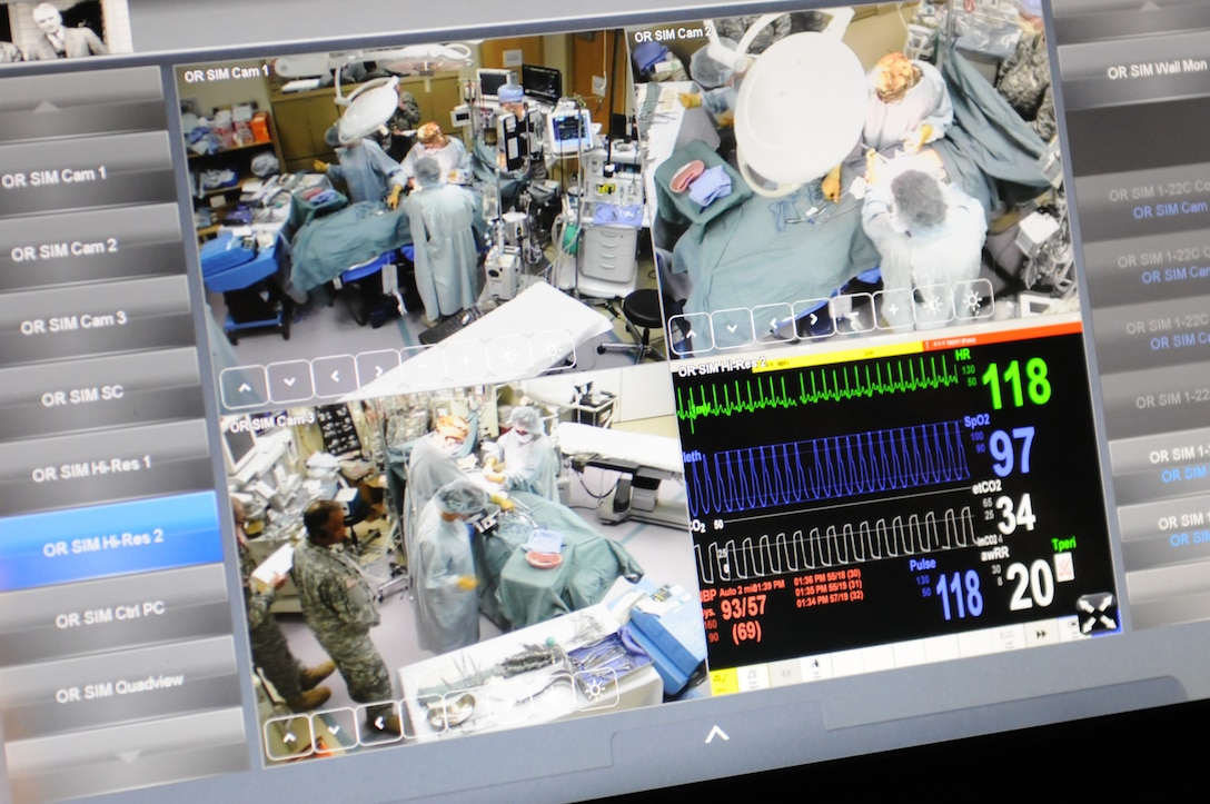 Soldiers of the 399th Combat Support Hospital, 804th Medical Brigade, 3d Medical Command (Deployment Support) out of Fort Devens, Massachusetts, conduct an exercise April 2, 2016 at the Mayo Clinic Multidisciplinary Simulation Center in Rochester, Minnesota. The purpose of the exercise was to practice the Team Strategies and Tools to Enhance Performance and Patient Safety, or TeamSTEPPS, which is a Department of Defense framework to optimize military medical care. During the exercise, observer-controller/trainers used state-of-the-art equipment at the facility to monitor the unit's performance. The equipment gave the OC/Ts a bird's eye view of the Soldiers as they worked and also allowed them to manipulate the scenarios by remotely changing patient vital signs.