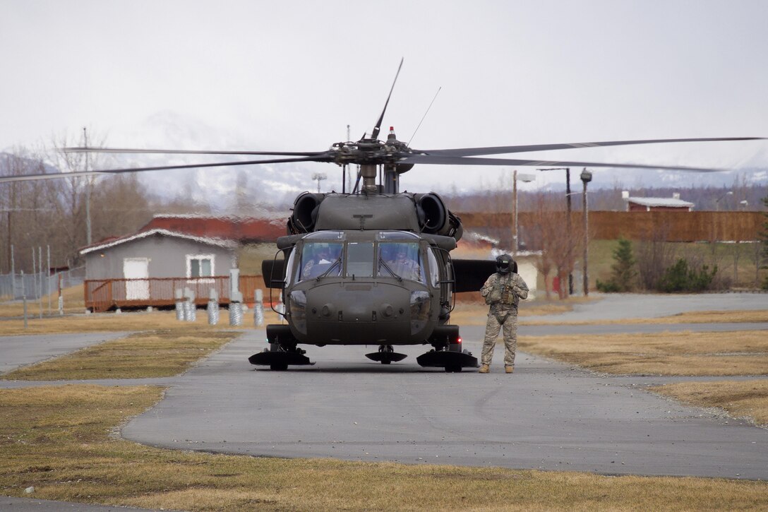 A UH-60 Black Hawk helicopter responds to a simulated mass-casualty exercise at the Alaska State Fairgrounds during exercise Alaska Shield 2016, Palmer, Alaska, April 2, 2016. The helicopter crew is assigned to the Alaska Army National Guard’s 1st Battalion, 207th Aviation Regiment. Alaska Army National Guard photo by Sgt. David Bedard