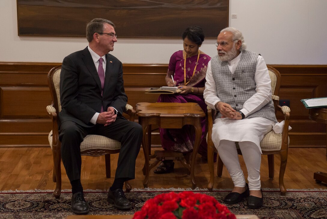 Defense Secretary Ash Carter, left, meets with Indian Prime Minister Narendra Modi at the prime minister's residence to discuss matters of mutual importance in New Delhi, April 12, 2016. DoD photo by Air Force Senior Master Sgt. Adrian Cadiz