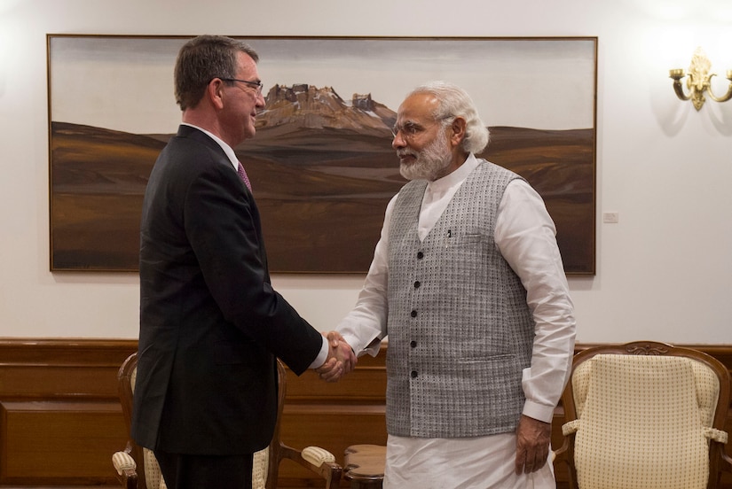 Defense Secretary Ash Carter, left, shakes hands with Indian Prime Minister Narendra Modi as Carter arrives at the prime minister's residence to discuss matters of mutual importance in New Delhi, April 12, 2016. DoD photo by Air Force Senior Master Sgt. Adrian Cadiz