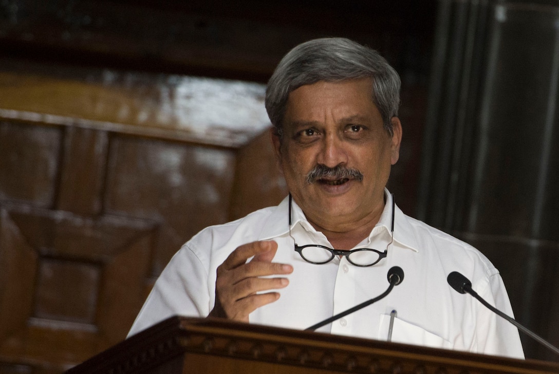 Indian Defense Minister Manohar Parrikar makes remarks during a joint press conference with Defense Secretary Ash Carter in New Delhi, April 12, 2016. DoD photo by Air Force Senior Master Sgt. Adrian Cadiz