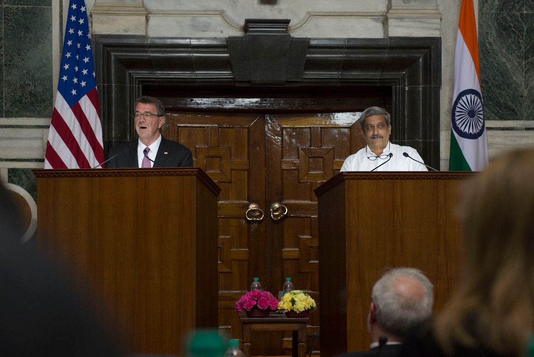 Defense Secretar Ash Carter, left, makes remarks during a joint press conference with Indian Defense Minister Manohar Parrikar in New Delhi, April 12, 2016. DoD photo by Air Force Senior Master Sgt. Adrian Cadiz