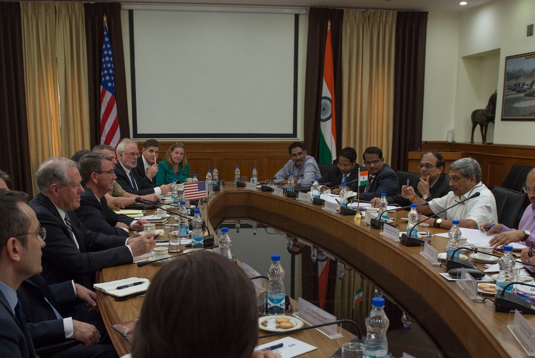 Defense Secretary Ash Carter, third from left, meets with Indian Defense Minister Manohar Parrikar, right, to discuss matters of mutual importance in New Delhi, April 12, 2016. DoD photo by Air Force Senior Master Sgt. Adrian Cadiz