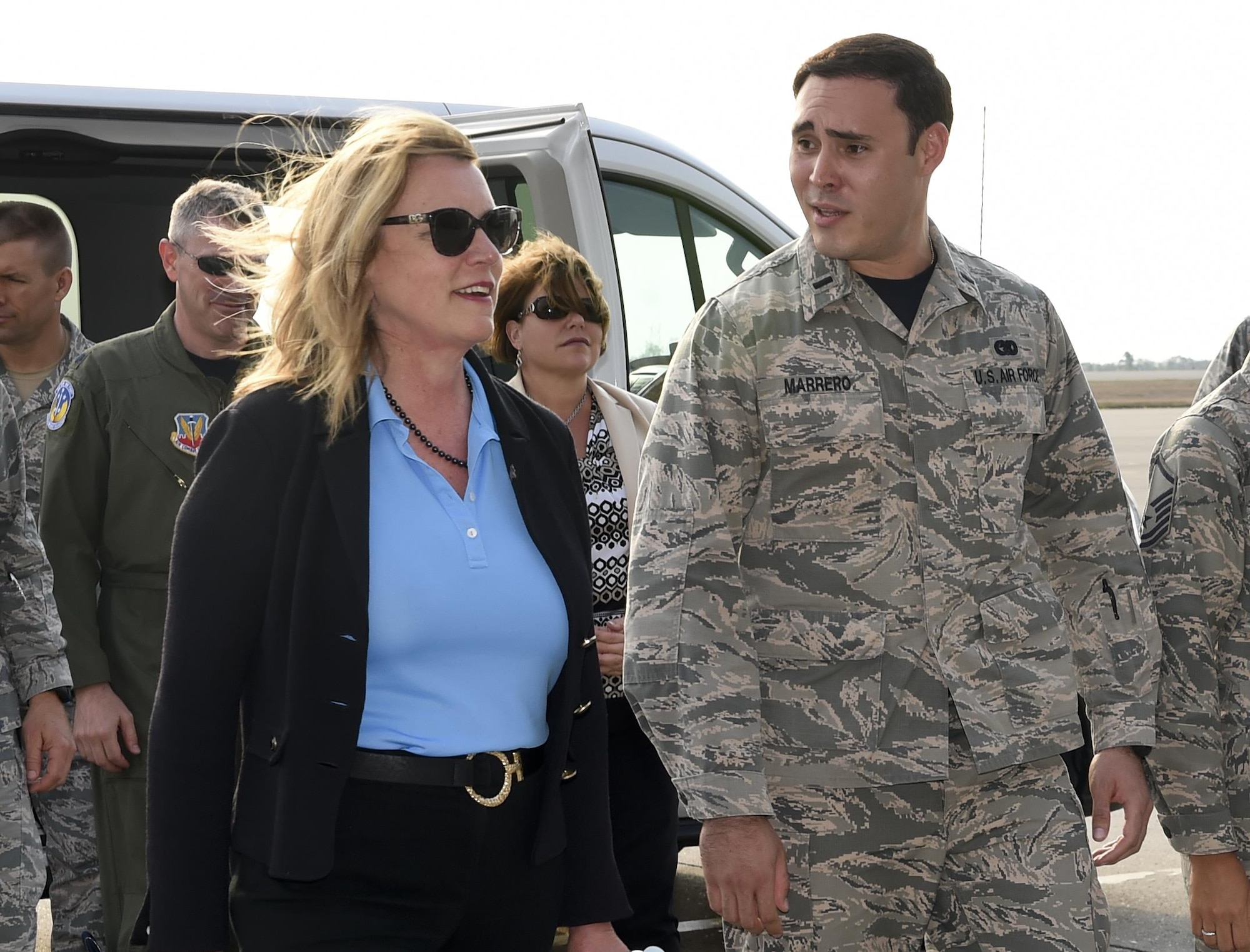 First Lt. Jose Marreo, the 612th Air Base Squadron flight commander, informs Air Force Secretary Deborah Lee James the support his unit provides to Soto Cano Air Base, Honduras, April 8, 2016. Marreo is a native of Puerto Rico and currently oversees the logistics flight, which provides support to transient aircraft, airfield logistics, vehicle maintenance, and fuel services. (U.S. Army photo/Martin Chahin)