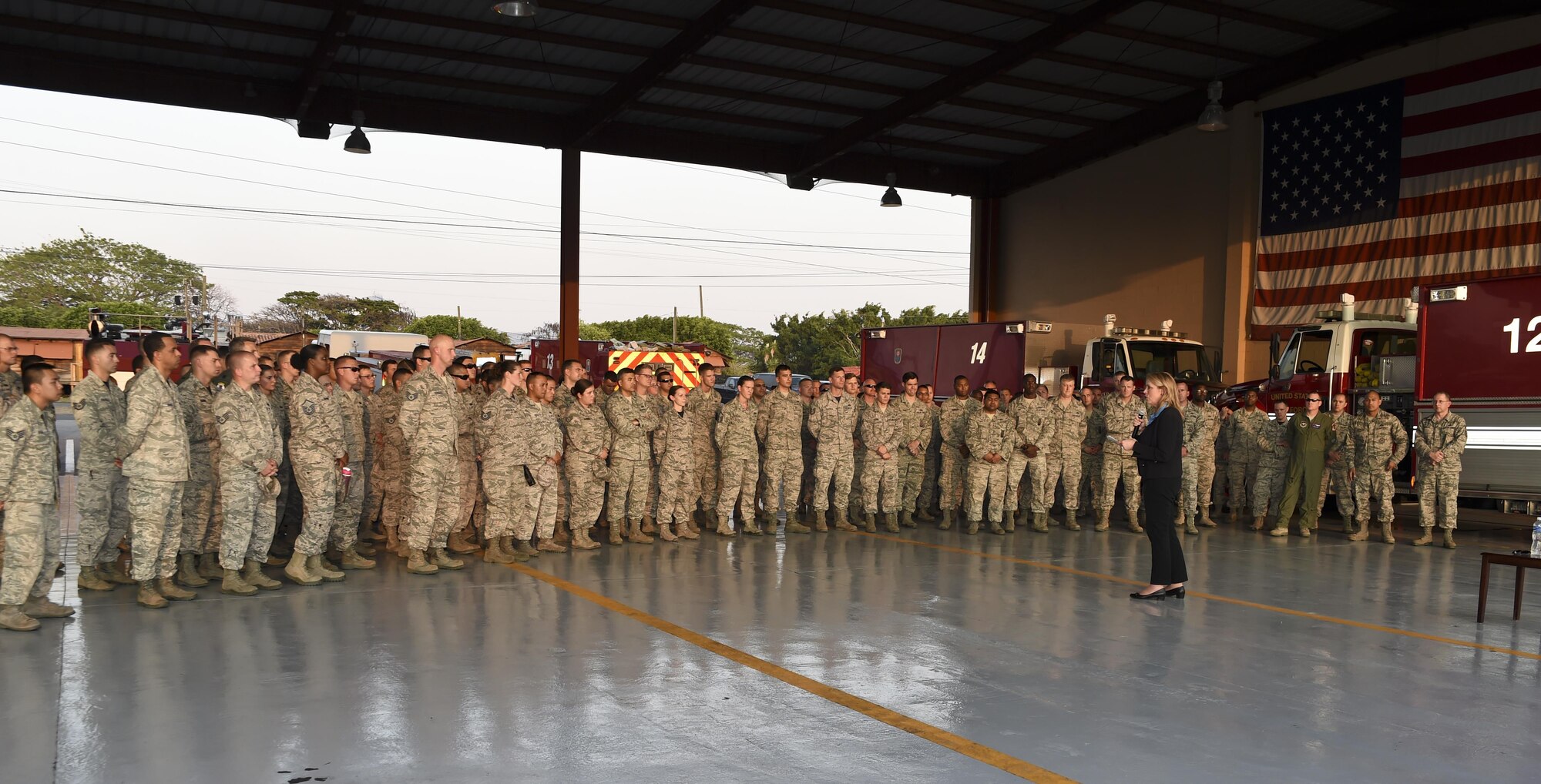Air Force Secretary Deborah Lee James talks to Airmen stationed at Soto Cano Air Base, Honduras, April 8, 2016, during a town hall meeting. During the discussion, James highlighted that even though the bulk of Defense Department attention and resources are dedicated elsewhere, the Airmen supporting U.S. Southern Command still make available resources go a long way toward helping the U.S. and partner nations in the region. (U.S. Army photo/Martin Chahin)