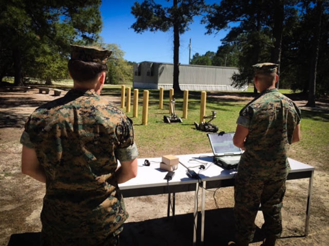 On April 4, 2016 Second Lieutenants Andrew McDoughall and Michael Land, Marines attending Combat Engineer Officer's course 3-16 (CEO 3-16); practice operating the iRobot Pacbot 510 during Clearance Assets class. 
