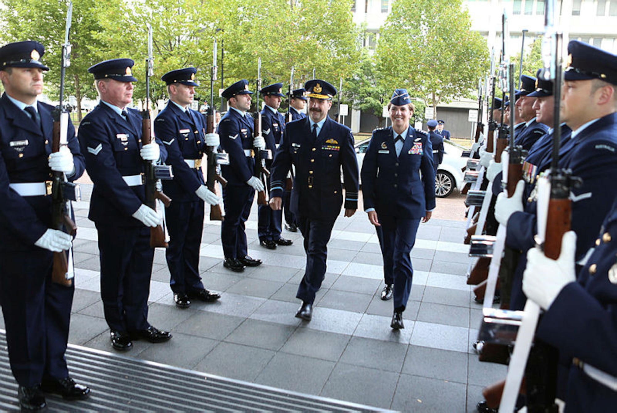Gen. Lori Robinson, Pacific Air Forces commander, and Chief of Royal Australia Air Force, Air Marshal Leo Davies, arrive through the Stair Guard at Russell Offices in Canberra, Australia, March 9, 2016, as part of her two-week visit to New Zealand and Australia. The trip served to improve relations with both nations and reaffirmed PACAF’s commitment to the rebalance in the Pacific. (Photo by RAAF SGT Pete Gammie)