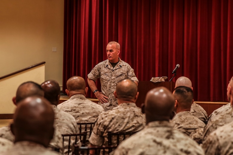 MARINE CORPS BASE CAMP PENDLETON, Calif. – Sgt. Maj. Bradley Kasal, sergeant major, I Marine Expeditionary Force, addresses a room of senior enlisted Marines and sailors during an E-9 symposium at Camp Pendleton April 8, 2016. During the conference participants discussed topics consisting of leadership development, troop welfare, and obstacles the Corps is facing. (U.S. Marine Corps photo by Sgt. Emmanuel Ramos/Released)