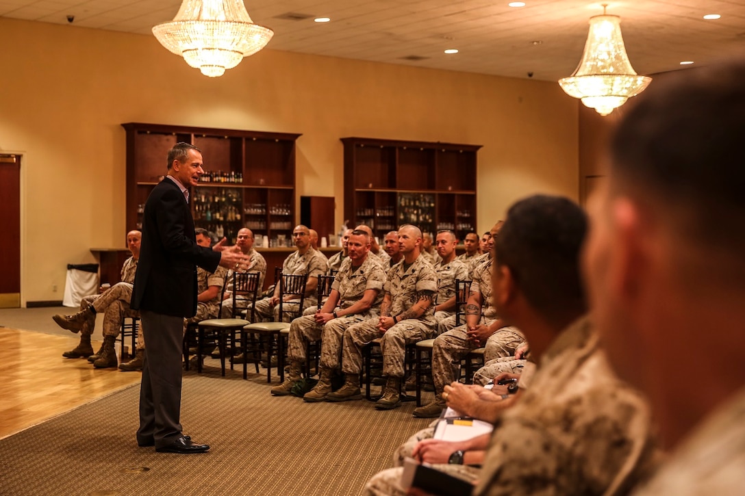 MARINE CORPS BASE CAMP PENDLETON, Calif. – Retired Gen. Peter Pace, former Chairman of the Joint Chiefs of Staff, addresses a room of senior enlisted Marines and sailors during an E-9 symposium at Camp Pendleton April 8, 2016. Pace was the guest speaker for the event and led participants on a guided discussion. During the conference, Marines broke into groups with each one discussing ethics, leadership development and styles, and ways to improve unit readiness. (U.S. Marine Corps photo by Sgt. Emmanuel Ramos/Released)