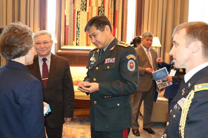 ULAANBAATAR, Mongolia (April 5, 2016) - United States Ambassador to Mongolia Jennifer Zimdahl Galt speaks with Mongolian Army Brig. Gen. Tuvshin Badral, the chief of the Mongolian National Emergency Administration at the Gobi Wolf 2016 Subject Matter Expert Exchange (SMEE).  The SMEE gave the international participants an opportunity to discuss best practices and lessons learned during disaster relief operations. 