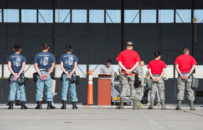 The Republic of Singapore Air Force and U.S. Air Force load competition teams await instruction, April 9, 2016, at Mountain Home Air Force Base, Idaho. The object of the competition is to build team camaraderie and strengthen combat readiness.
(U.S. Air Force photo by Airman 1st Class Chester Mientkiewicz/Released)