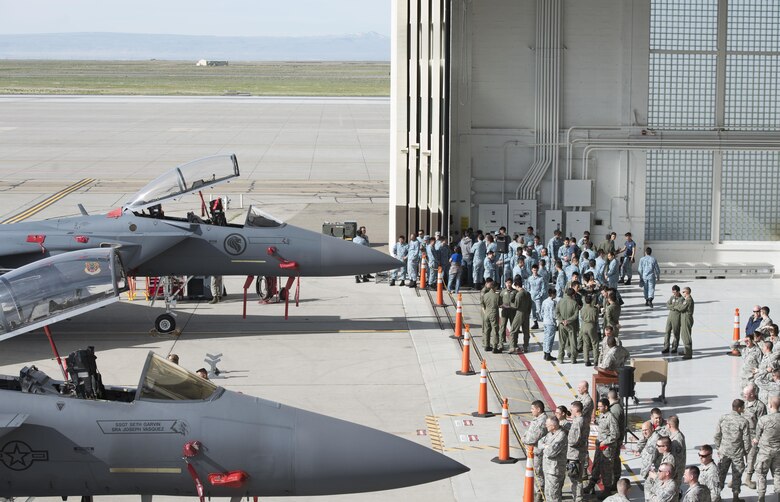The U.S. Air Force went head-to-head with the Republic of Singapore Air Force in a load crew competition, April 9, 2016, at Mountain Home Air Force Base, Idaho. Singapore won the competition with a load time of 18 minutes and 23 seconds. (U.S. Air Force photo by Airman 1st Class Chester Mientkiewicz/Released)