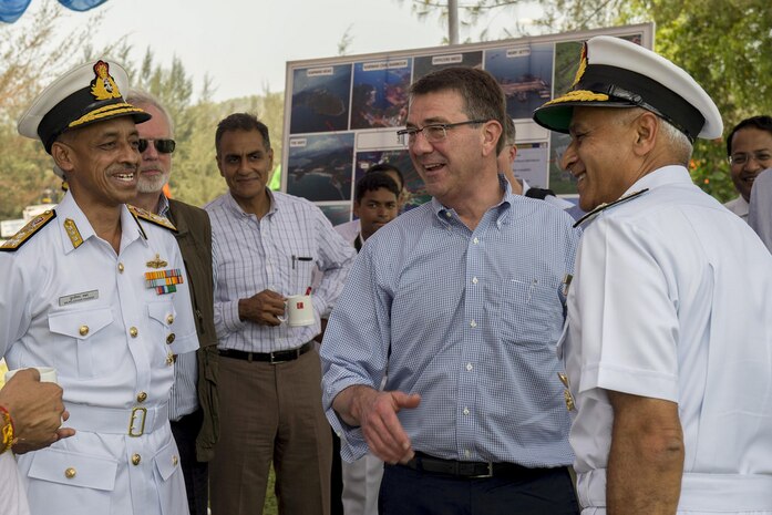 KAWAR, India (April 11, 2016) - Defense Secretary Ash Carter, center right, shares a light moment with Indian naval officers as he arrives the naval base INS Kadamba to visit the Indian aircraft carrier INS Vikramaditya. Carter's visit to India is part of the focus on the U.S. rebalance to the Asia-Pacific region 