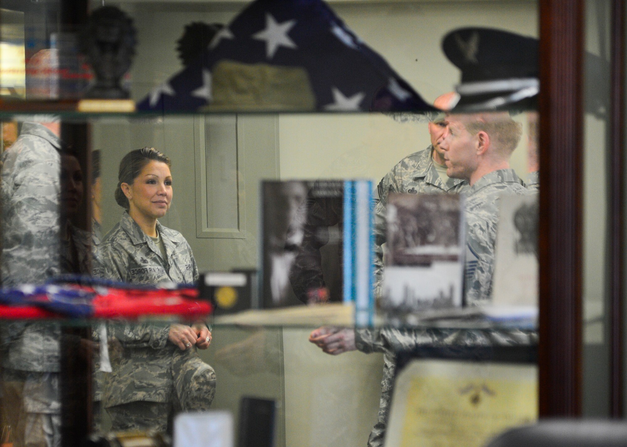 Master Sgt. Jason Barnshaw, Dover Air Force Base Staff Sgt. Julio Alonso Airman Leadership School commandant, gives a tour of the school house to Chief Master Sgt. Sarah Sparks, 436th Airlift Wing command chief, April 6, 2016, at Dover AFB, Del. Barnshaw highlighted current projects that are improving the school house and learning environment. (U.S. Air Force photo/Senior Airman William Johnson)