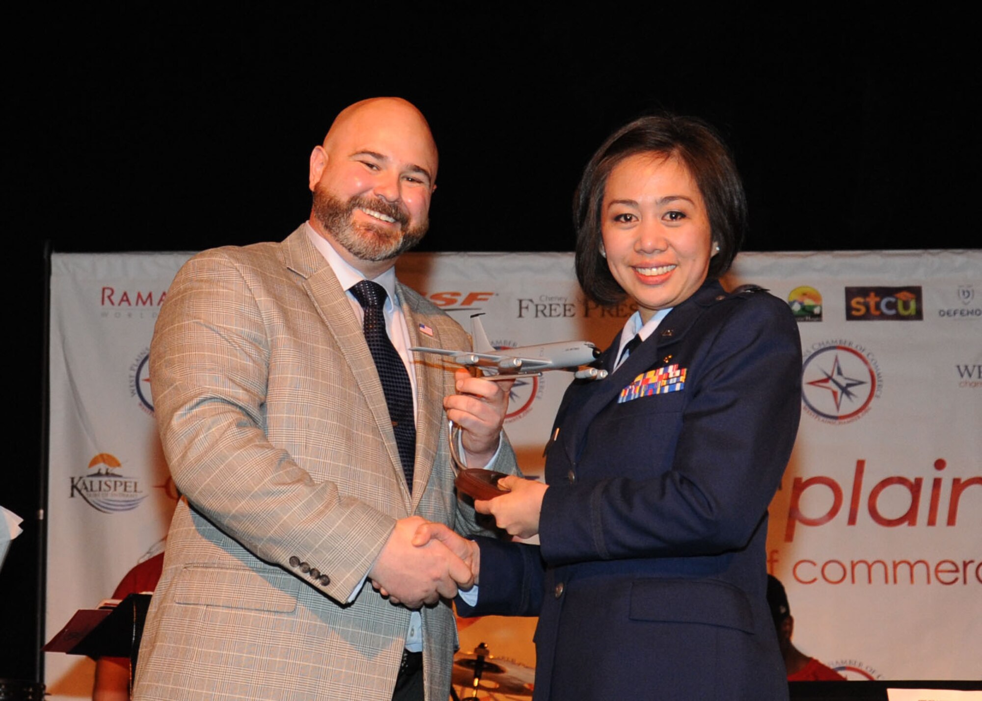Capt. Maira Malhabour, 92nd Medical Support Squadron diagnostic services flight commander, receives the Company Grade Officer of the Year Award from the West Plains Chamber of Commerce at the Best of the West Awards Gala April 8 in Airway Heights, Wash. The event recognized outstanding contributions to the local community. (U.S. Air Force photo/Senior Airman Sam Fogleman)
