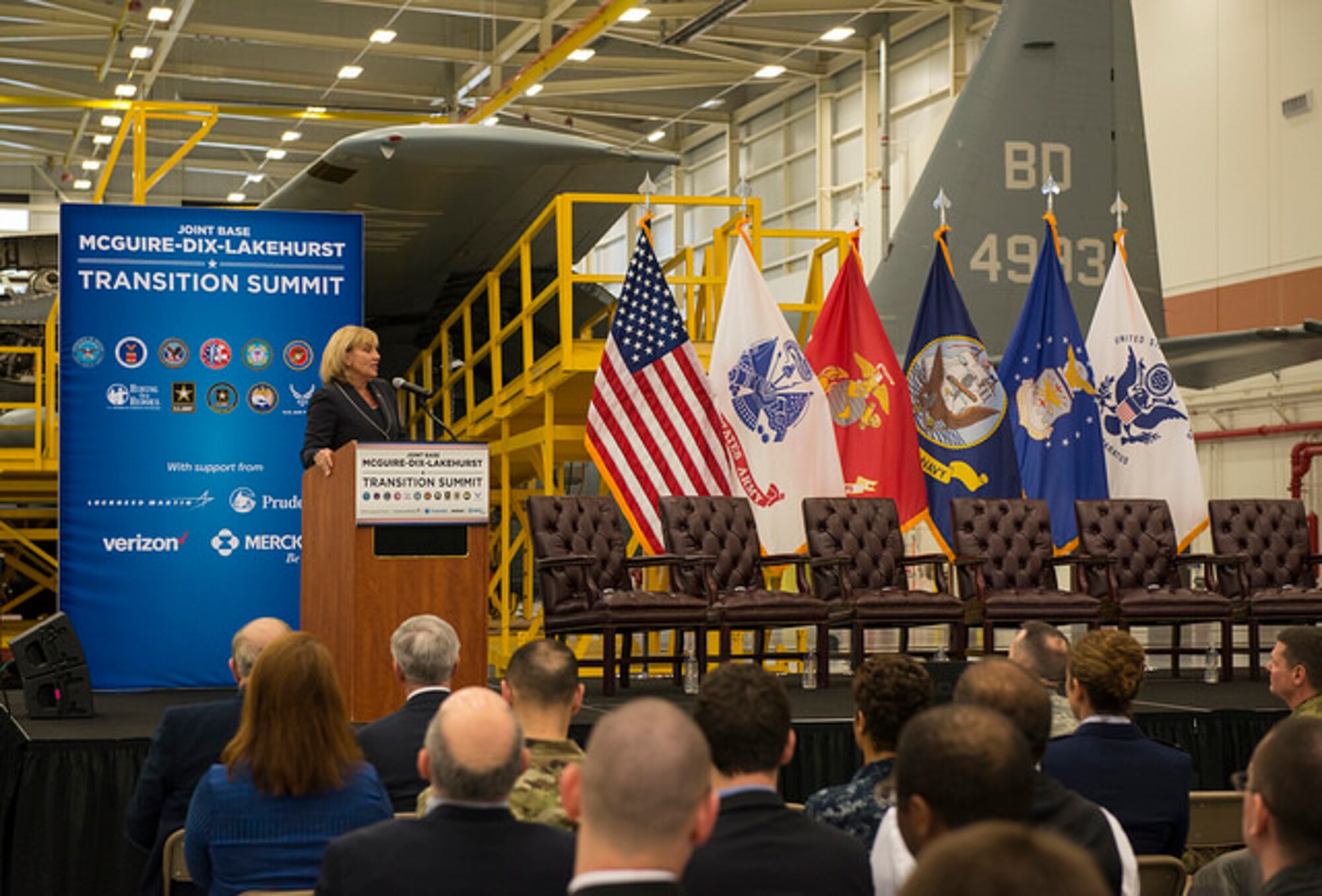 New Jersey Lt. Governor, Kim Guadagno, Speaks to veterans and employers at the 2016 Veterans Career Summit on Joint Base McGuire-Dix-Lakehurst, N.J. April 9. Over 200 employers and 500 transitioning veterans attended the event. (U.S. Air Force photo by Senior Airman Joshua King)