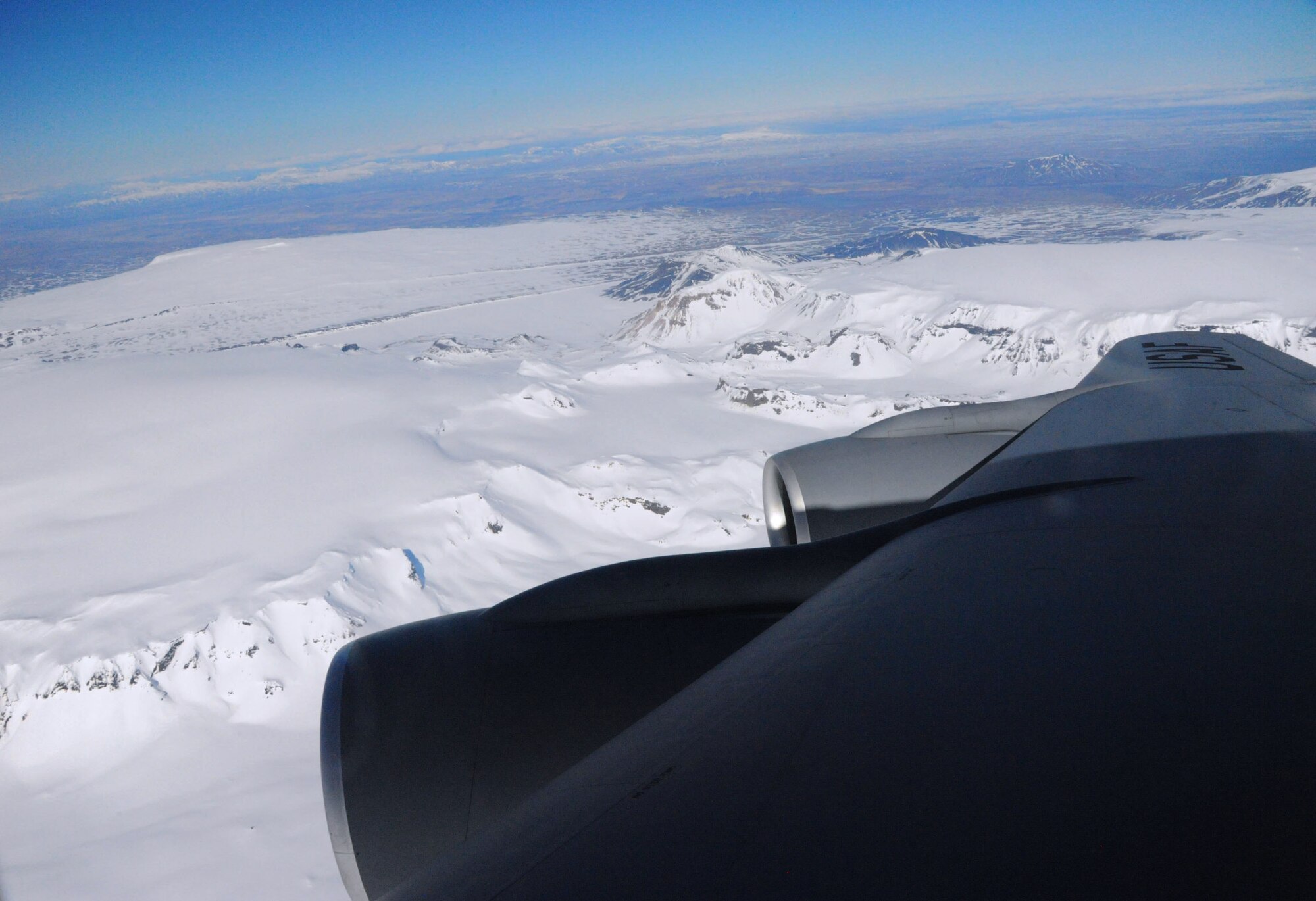 A U.S. Air Force KC-135 Stratotanker assigned to the 916th Air Refueling Wing, Air Force Reserve Command, Seymour Johnson, N.C., flies over the snow-capped glaciers of Iceland while conducting refueling efforts during Icelandic Air Surveillance operations, April 9, 2016. The U.S. Air Force’s forward presence in Europe allows the U.S. to work with allies to ensure regional security in the region. (U.S. Air Force photo by Master Sgt. Kevin Nichols/Released)