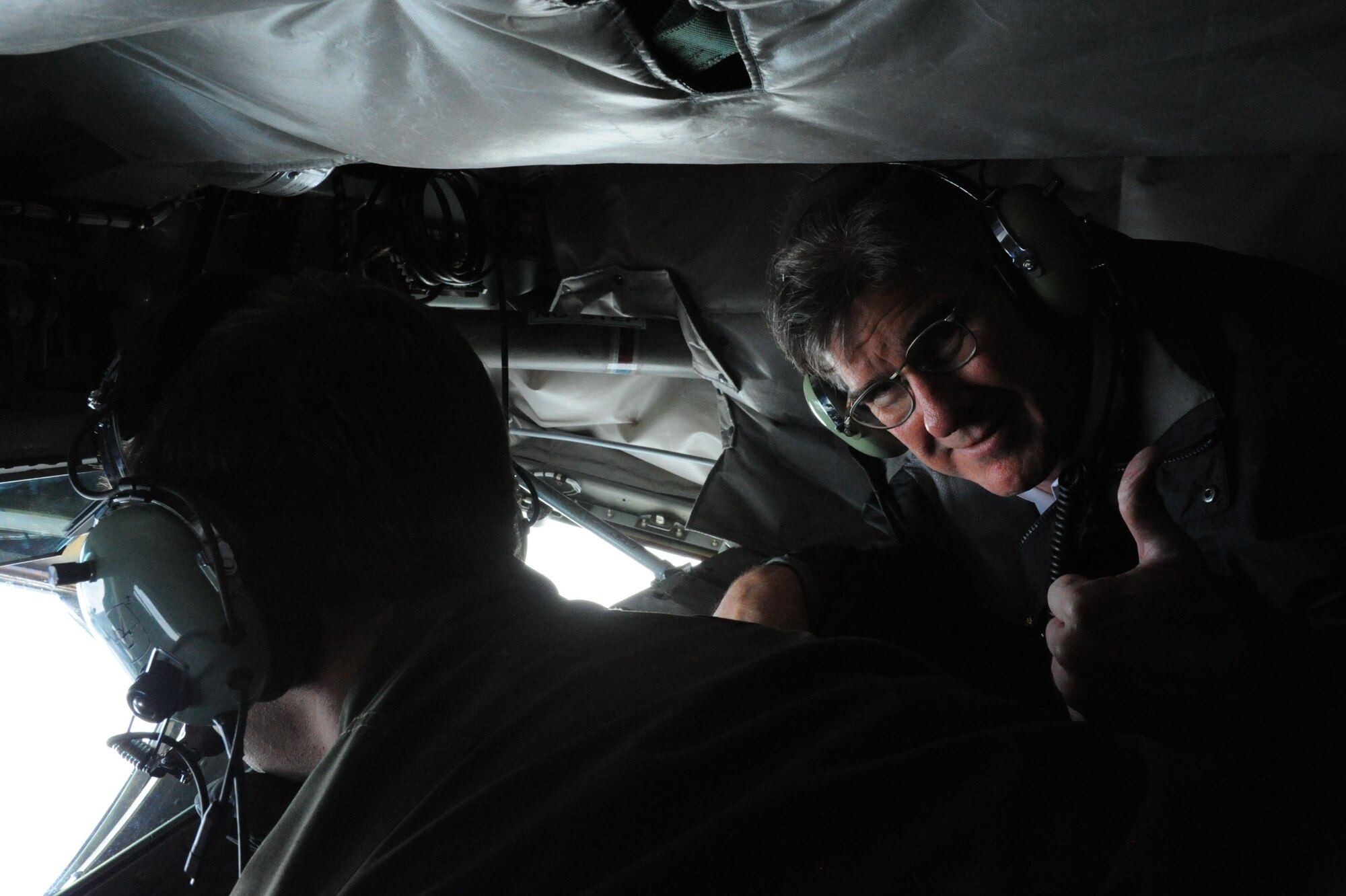 Robert Barber, U.S. Ambassador to the Republic of Iceland, shows his approval of Icelandic Air Surveillance operations while flying with the 916th Air Refueling Wing, Air Force Reserve Command, Seymour Johnson, N.C., over Iceland, April 9, 2016. Barber observed refueling operations from the boom pod of the KC-135 and spoke to Airmen about Iceland’s appreciation in conducting the IAS mission ensuring security for the United States and NATO.  (U.S. Air Force photo by Master Sgt. Kevin Nichols/Released)