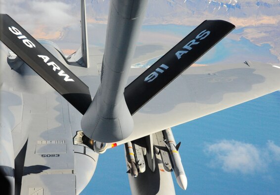 A U.S. Air Force F-15C Eagle fighter aircraft assigned to the 104th Fighter Wing, Barnes Air National Guard Base, Mass., is refueled by a U.S. Air Force KC-135 Stratotanker assigned to the 916th Air Refueling Wing, Air Force Reserve Command, Seymour Johnson, N.C., over Iceland while conducting Icelandic Air Surveillance operations, April 9, 2016. Missions like the IAS showcase the U.S. Air Force’s global presence in deterring potential threats and bringing peace and stability to allied nations. (U.S. Air Force photo by Master Sgt. Kevin Nichols/Released)