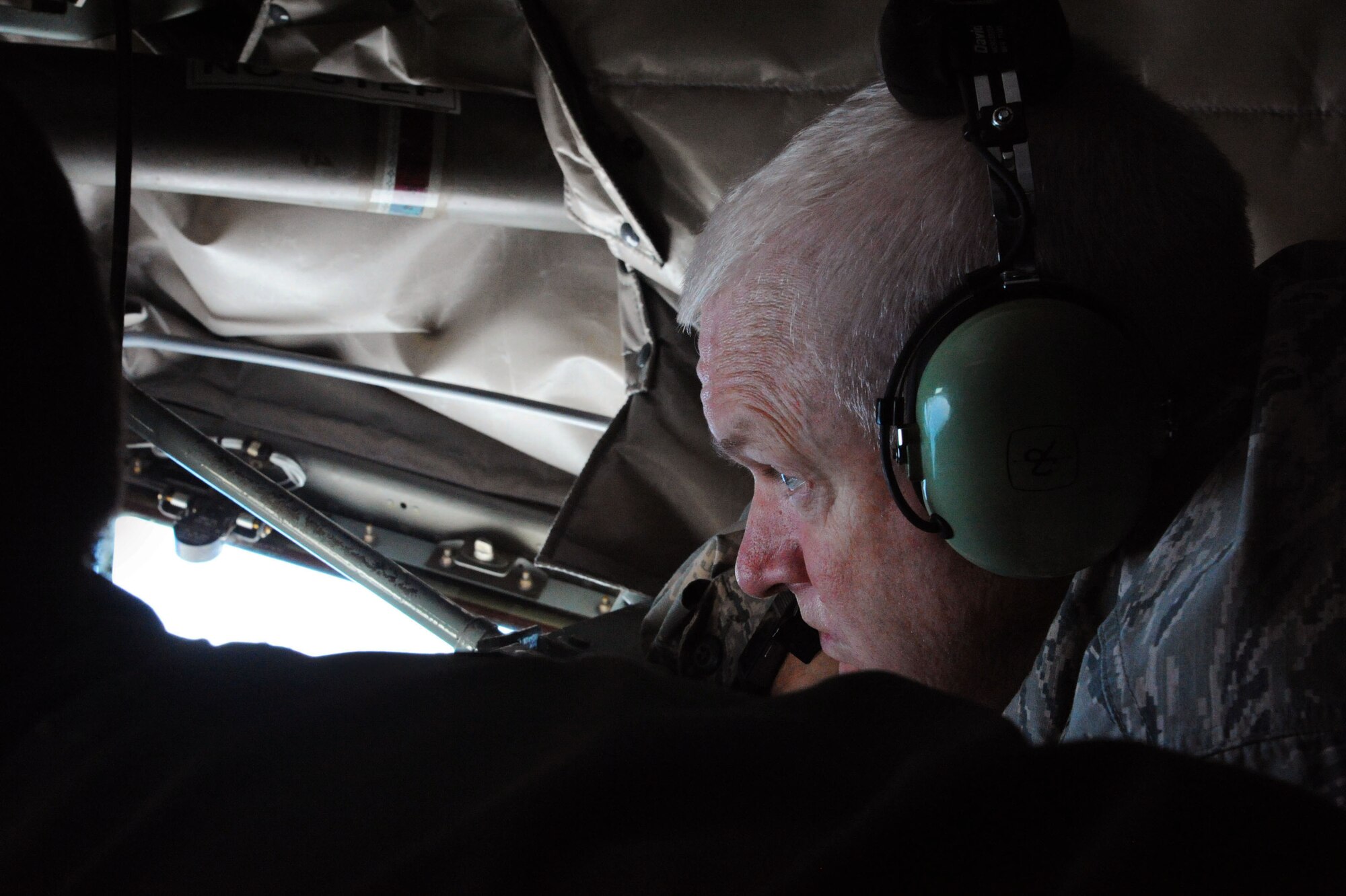 U.S. Air Force Maj. Gen. Scott Rice, Adjutant General, Massachusetts National Guard, watches the refueling of a U.S. Air Force F-15C Eagle fighter aircraft from the boom pod of a U.S. Air Force KC-135 Stratotanker assigned to the 916th Air Refueling Wing, Air Reserve Command, Seymour Johnson, N.C., April 9, 2016. The Airmen deployed to Iceland in support of Icelandic Air Surveillance operations are a total force structure combining efforts to maintain a global presence in Europe. (U.S. Air Force photo by Master Sgt. Kevin Nichols/Released)