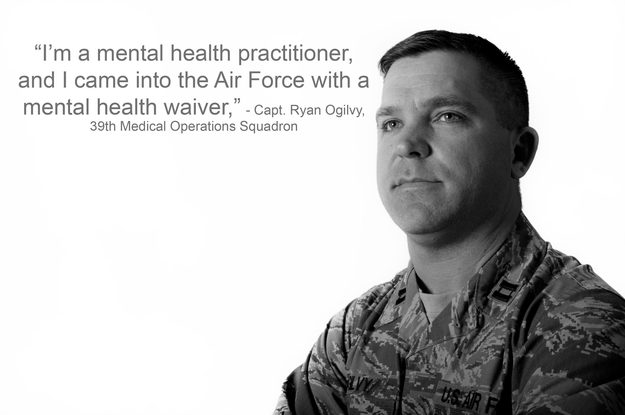 U.S. Air Force Capt. Ryan Ogilvy, 39th Medical Operations Squadron mental health practitioner, reflects on his career and how he joined the Air Force. Ogilvy, along with his flight, are responsible for assisting Airmen with mental health concerns. (U.S. Air Force photo illustration by Staff Sgt. Jack Sanders/Released)