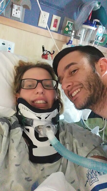 Staff Sgt. Velette Webb, 21st Dental Squadron, and fiancé Staff Sgt. Charlie Britt, 35th Logistics and Readiness Squadron, take time for a selfie during her recovery at Craig Hospital. The photo was taken about a month after Webb suffered a mountain biking accident that left her paralyzed from the waist down. (Courtesy photo)