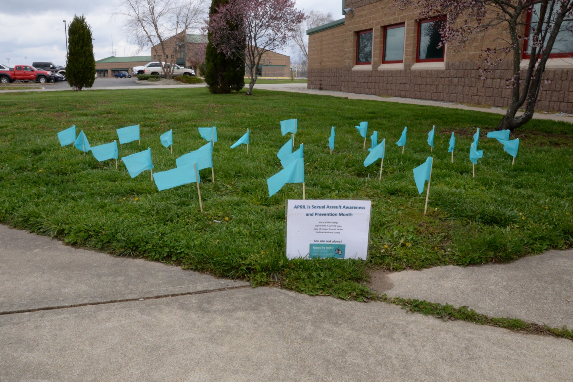 Flags are placed in the ground outside the dining facility at Hulman Field Air National Guard base, Ind., April 7, 2016. Each represented a current open case of sexual assault in the Indiana Air National Guard. The flags were placed to show support of Sexual Assault Prevention month. (U.S. Air National Guard photo by Senior Airman Lonnie Wiram)