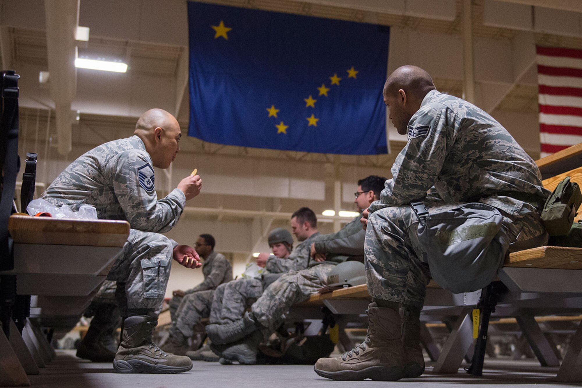 U.S. Air Force Airmen from Joint Base Elmendorf-Richardson exercise a mock deployment preparation, April 7, 2016.  JBER is host to air, space, and cyberspace systems which may be deployed or employed to support and defend the U.S. interests and those of our allies.  (U.S. Air Force photo by Senior Airman James Richardson)