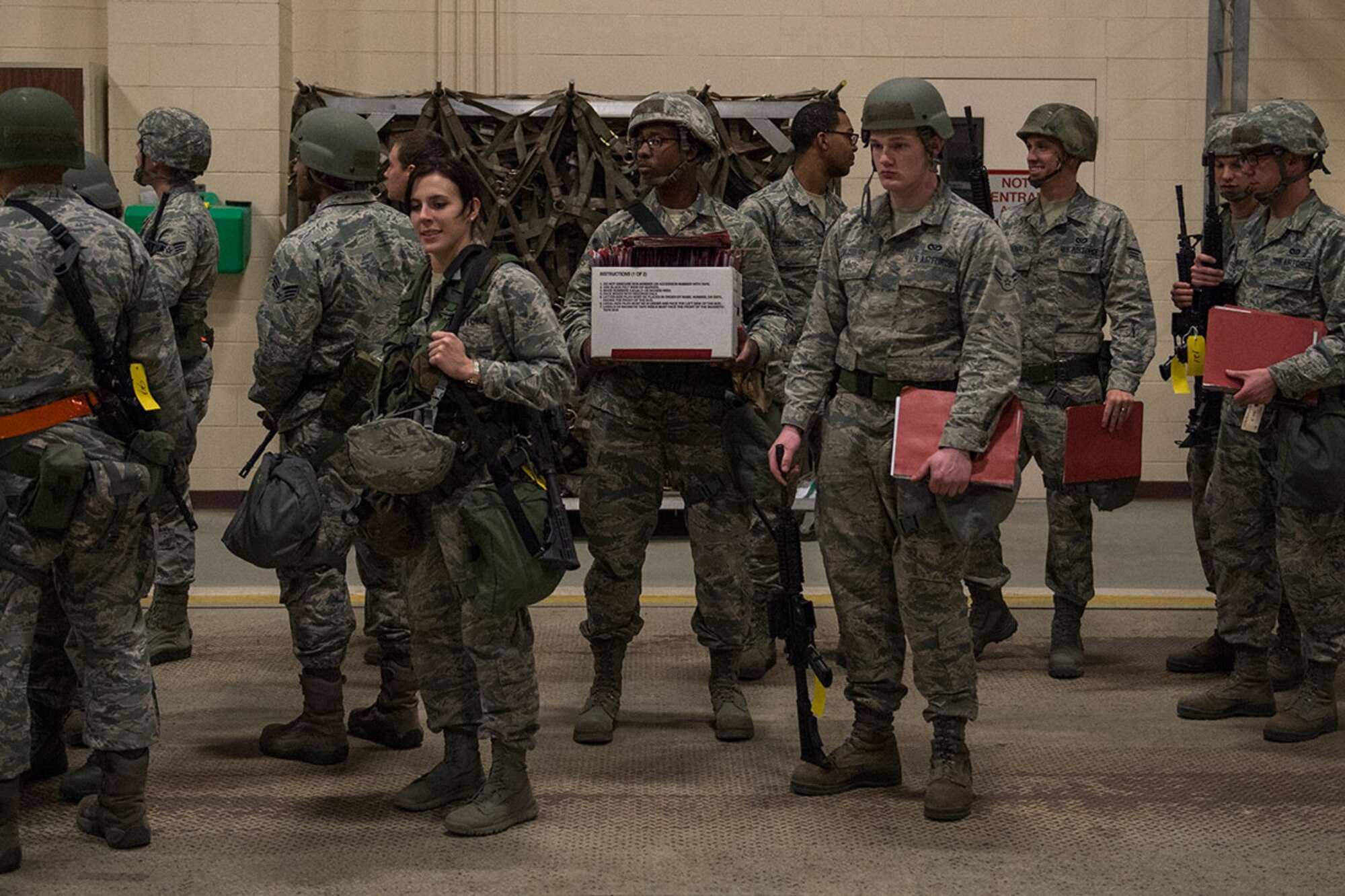 U.S. Air Force Airmen from Joint Base Elmendorf-Richardson exercise a mock deployment preparation, April 7, 2016.  JBER is host to air, space, and cyberspace systems which may be deployed or employed to support and defend the U.S. interests and those of our allies.  (U.S. Air Force photo by Senior Airman James Richardson)
