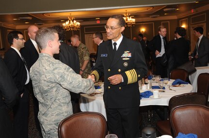 U.S. Navy Adm. Cecil D. Haney, U.S. Strategic Command (USSTRATCOM) commander (right), shakes hands with a U.S. Air Force Academy cadet during the Project on Nuclear Issues (PONI) Capstone conference at Offutt Air Force Base, Neb., April 12, 2016. During the conference, which was hosted by the Center for Strategic and International Studies, junior and senior level professionals from Department of Energy laboratories, the military, industry, academia and policy sectors observed presentations on nuclear weapons infrastructure, strategy and policy. One of nine DoD unified combatant commands, USSTRATCOM has global strategic missions, assigned through the Unified Command Plan, which include strategic deterrence; space operations; cyberspace operations; joint electronic warfare; global strike; missile defense; intelligence, surveillance and reconnaissance; combating weapons of mass destruction; and analysis and targeting. (USSTRATCOM photo by Steve Cunningham)