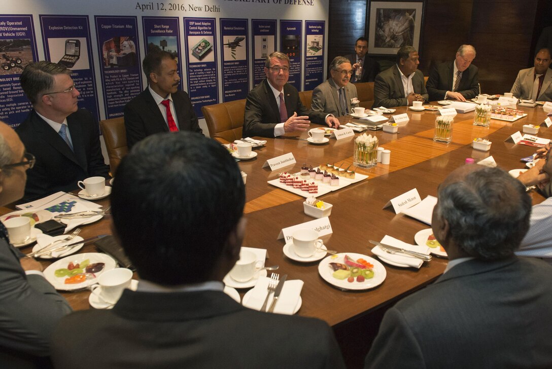 Defense Secretary Ash Carter, left center, meets with leaders in New Delhi, April 12, 2016, during a trip to India to solidify the rebalance to the Asia-Pacific region. DoD photo by Air Force Senior Master Sgt. Adrian Cadiz
